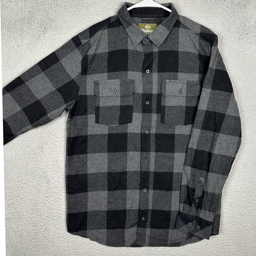 Dravus Shirt Mens Large Flannel Grey Black Buffalo Plaid Button Down Long Sleeve